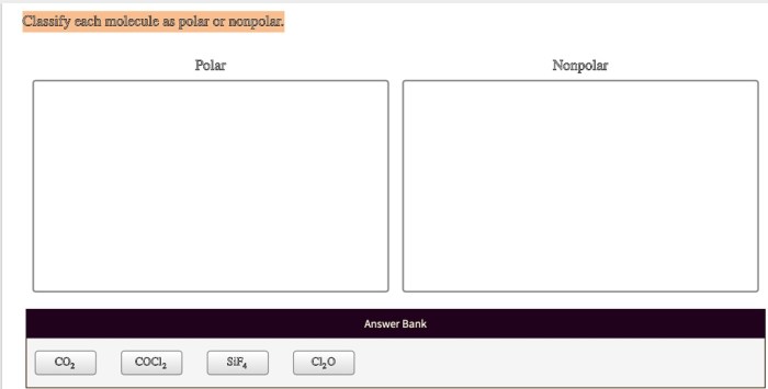 Polar nonpolar molecule classify each reset transcribed text show answers