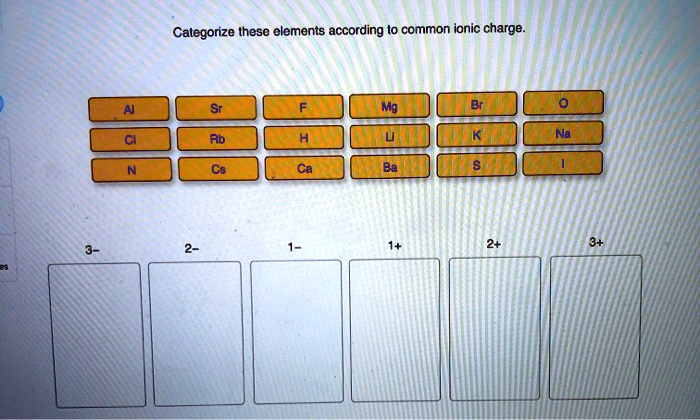 Categorize these elements according to common ionic charge