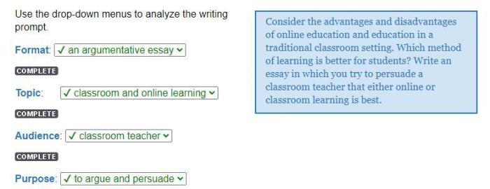 Use the drop-down menus to analyze the writing prompt. format